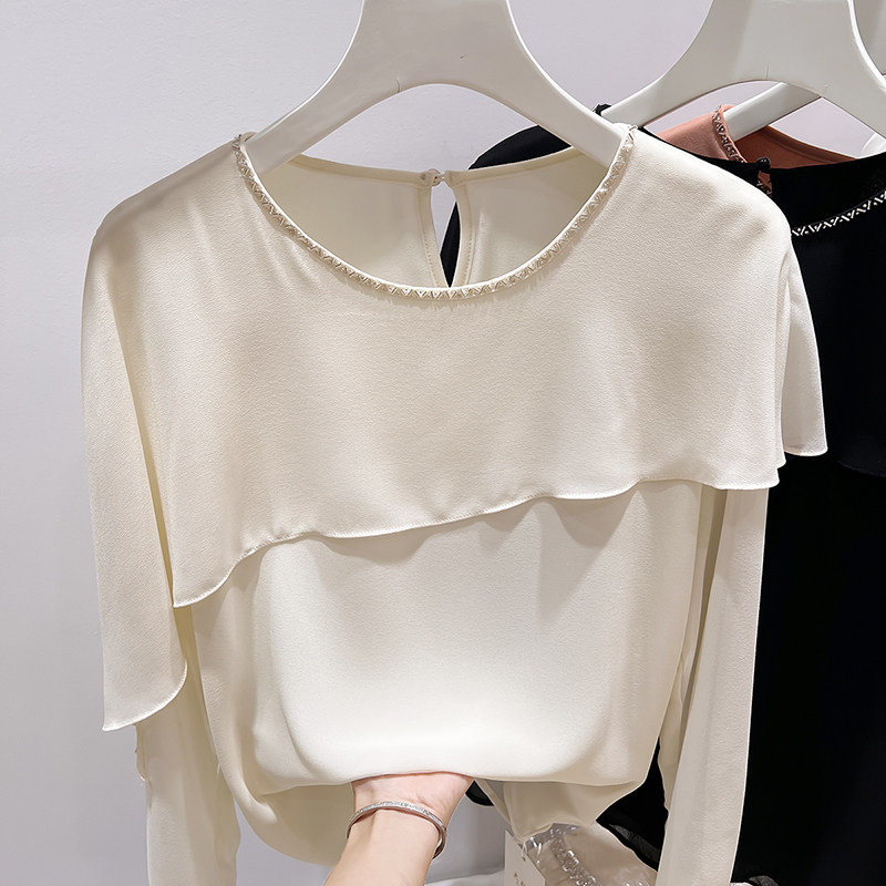 2026新款法式气质圆领钉珠荷叶边拼接纯色套头长袖雪纺衫女春季