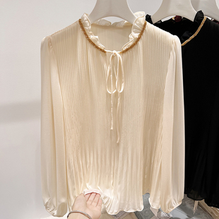 雪纺上衣女 气质立领镶钻木耳边系带百褶纯色套头长袖 2025新款 法式
