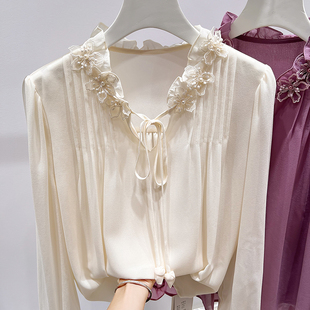雪纺衫 2025新款 饰纯色套头长袖 气质显瘦木耳边系带花朵钉珠装 法式