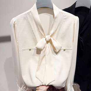 2025新款韩国气质显瘦V领系带假两件拼接长袖雪纺衬衫女春季