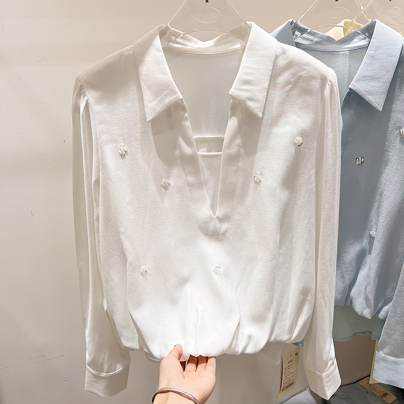 2026新款法式气质显瘦翻领开叉钉珠套头长袖衬衫女春季薄款上衣,女装/女士精品,衬衫,淘宝优惠券,粉丝福利购,淘宝优惠卷