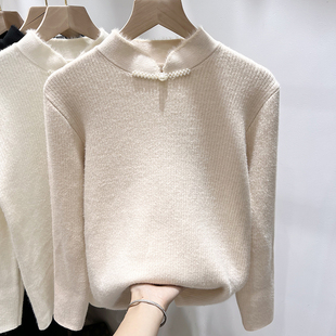 2023新款立领盘扣钉珠国风加绒保暖长袖毛针织衫女冬季打底衫