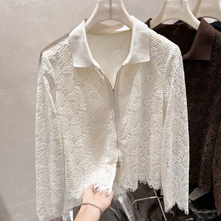 上衣 女秋季 2025新款 韩国气质显瘦翻领镂空刺绣拉链加厚蕾丝衬衫