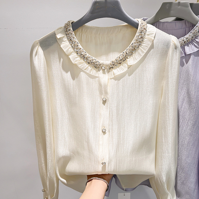 2025新款韩国气质圆领亮片钉珠木耳边单排扣长袖雪纺衬衫女春季