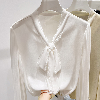 2025新款法式气质显瘦V领花边系带百褶拼接纯色长袖雪纺上衣女秋