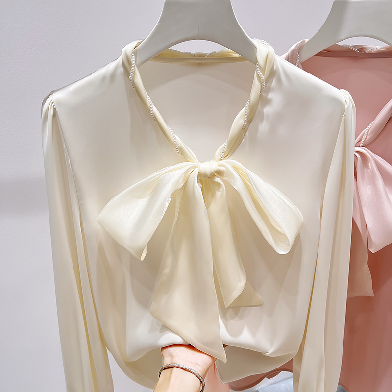 2025新款法式气质V领串珠欧根纱系带套头长袖雪纺衫女秋季衬衫