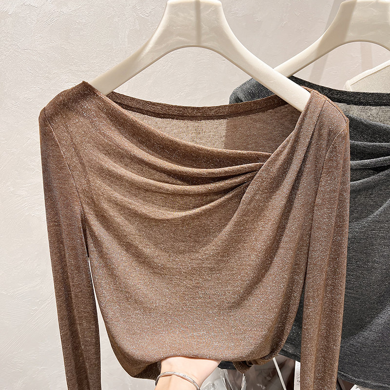 2025新款韩国修身显瘦领子不规则褶皱套头长袖上衣女秋季