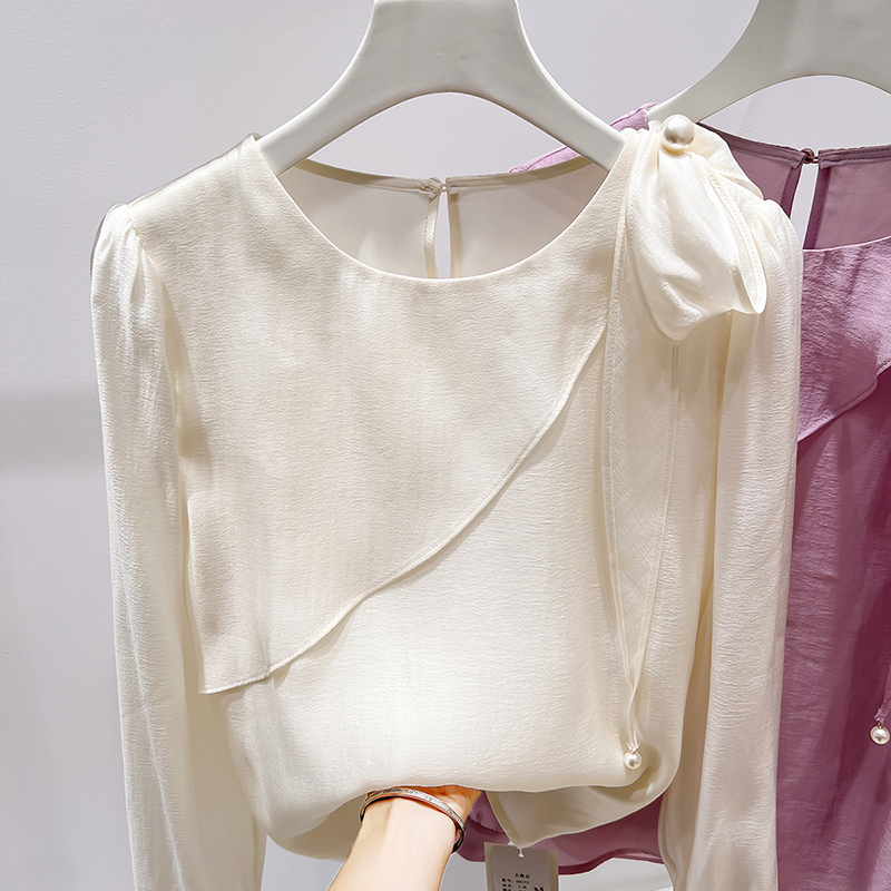 2025新款法式气质显瘦圆领钉珠系带拼接纯色套头长袖雪纺衫女秋季