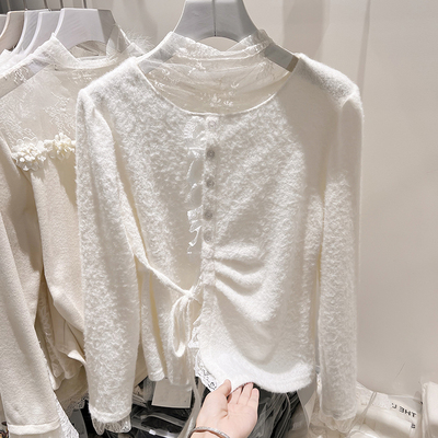 2025新款韩国修身显瘦立领蕾丝拼接下摆系带长袖打底上衣女冬季
