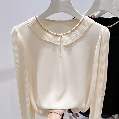 2025新款法式气质显瘦圆领钉珠百褶拼接套头长袖雪纺上衣女秋季