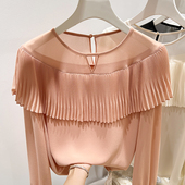 女春季 2026新款 雪纺衫 气质显瘦圆领百褶拼接纯色套头长袖 法式