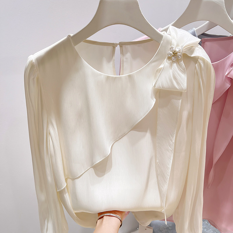 2026新款法式气质显瘦圆领荷叶边拼接钉珠套头长袖雪纺衫女春季