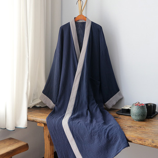 汉元 素纯棉长袍中国风汉服禅服家居服睡衣古风睡袍道服薄款 夏季