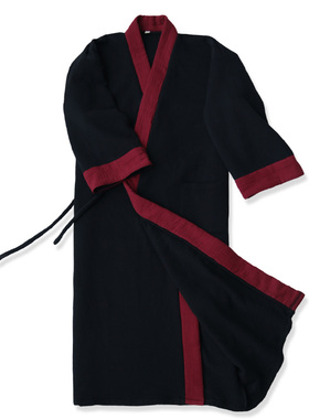 黑色秋冬男古风长袍加厚纯棉加长款睡袍家居服睡衣中国风汉服纯色