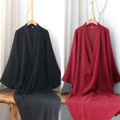 汉服家居服长袍大码 纯棉长款 中国风男睡衣双层纱布浴袍睡袍 包邮