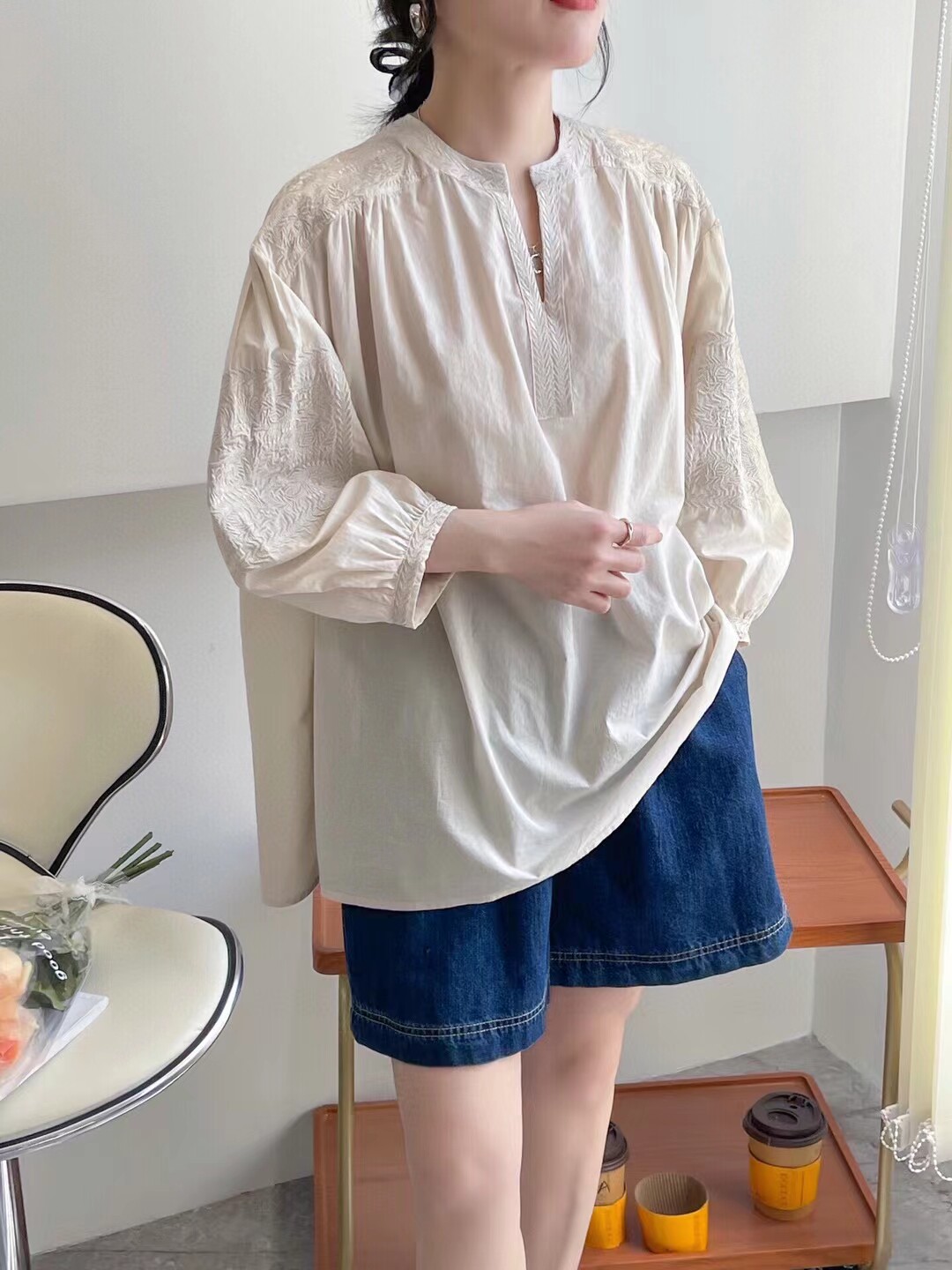夏季薄款七分袖V领遮肚子小衫设计感小众纯棉衬衫女法式轻熟上衣