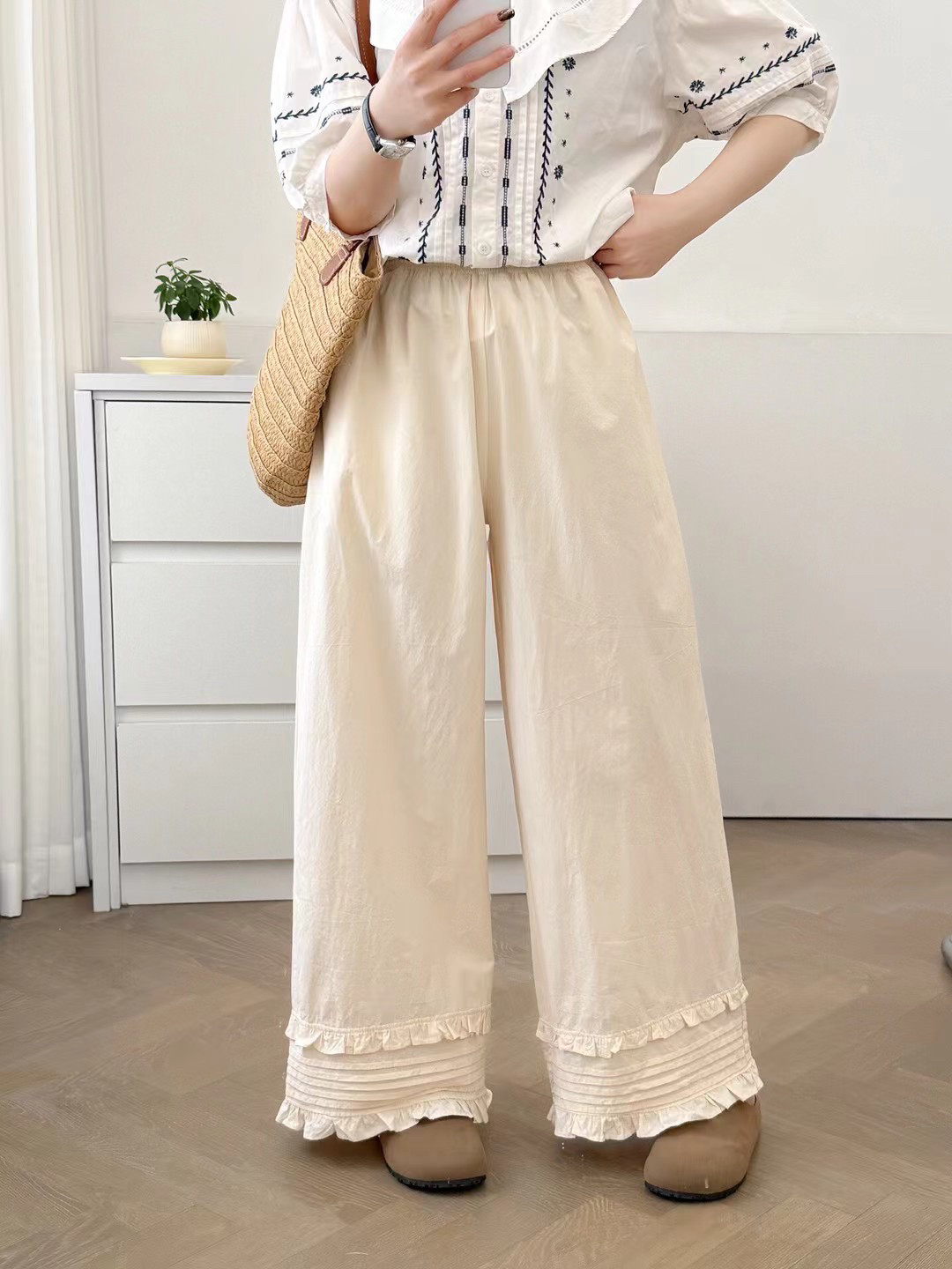 森系甜美木耳花边阔腿裤女日系复古松紧高腰褶皱百搭直筒裤,女装/女士精品,休闲裤,淘宝优惠券,粉丝福利购,淘宝优惠卷