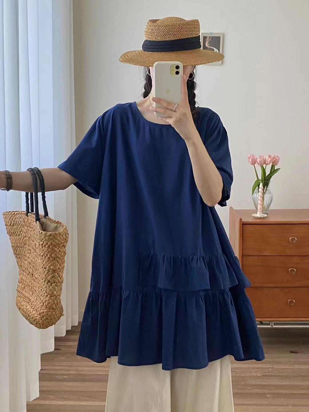 森系甜美荷叶边棉麻连衣裙女夏季新款宽松显瘦叠穿无袖背心上衣