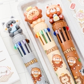 可爱小动物十色圆珠笔卡通10色彩笔多色笔记辅助标记原子笔涂鸦笔