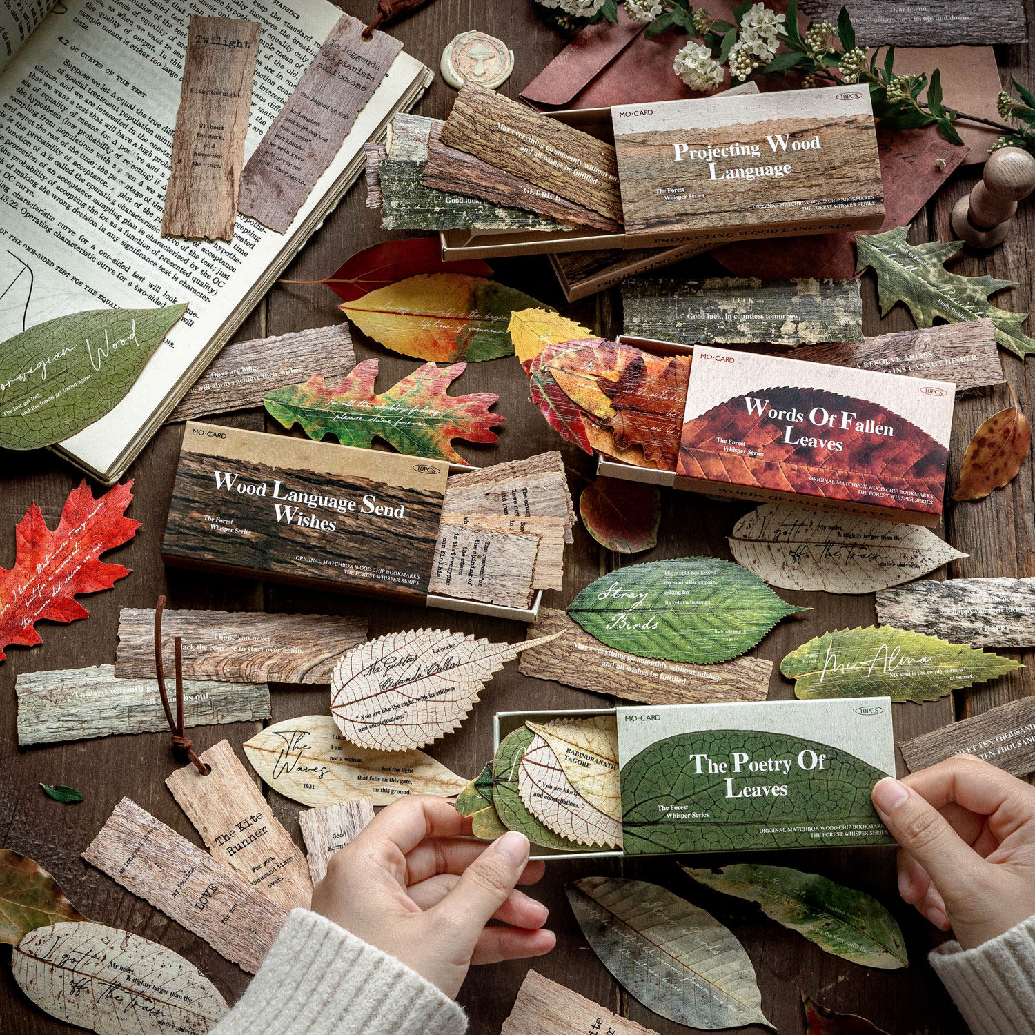 林间絮语火柴盒木片书签  木质ins轻复古叶子图案阅读装饰素材签