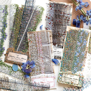 花间栅事长条PET白墨贴纸包 复古花卉栅栏手账素材手帐装饰贴画