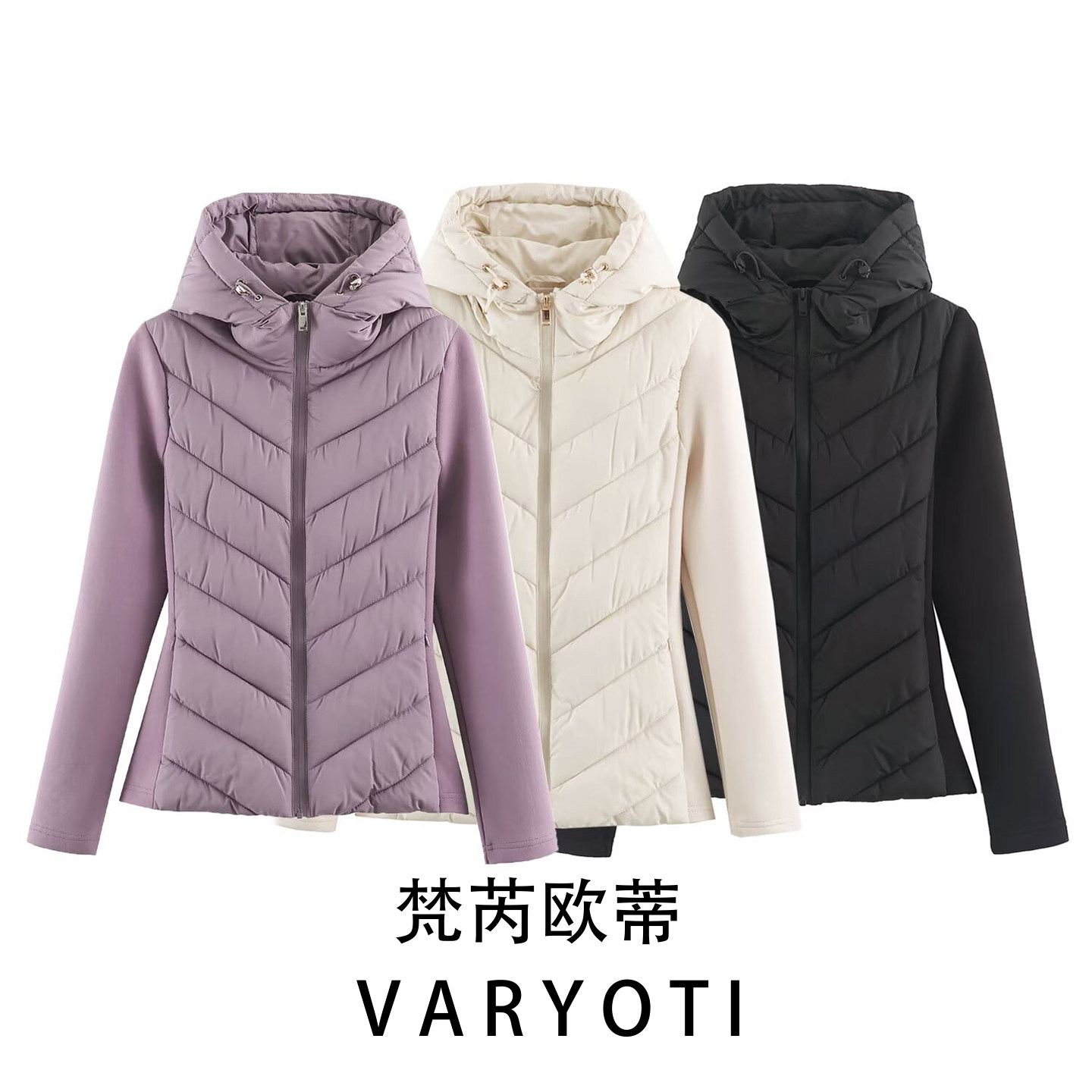 欧美风连帽拼接显瘦棉服短外套