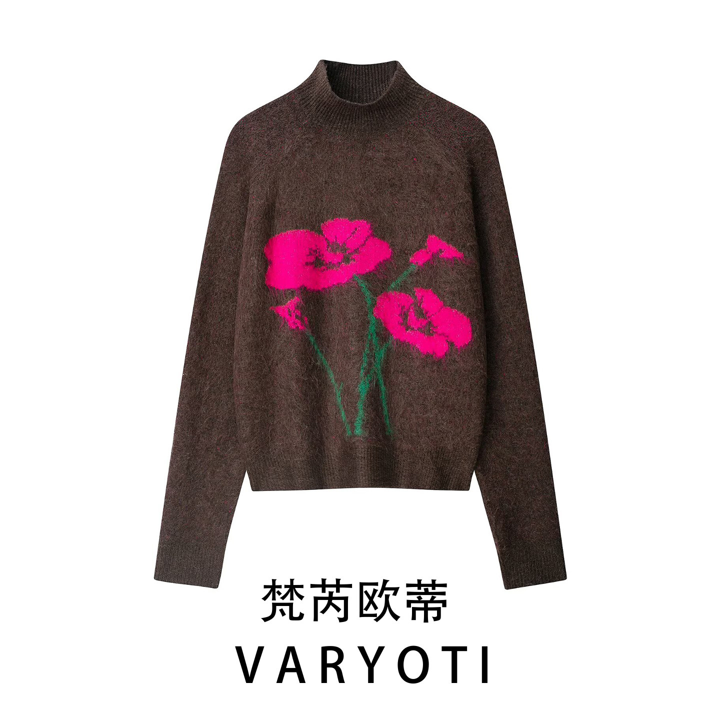 欧美风花朵提花套头针织衫女