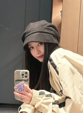 徐艺洋同款黑色八角帽子女网红素颜遮脸鹿皮绒渔夫帽秋冬天贝雷帽