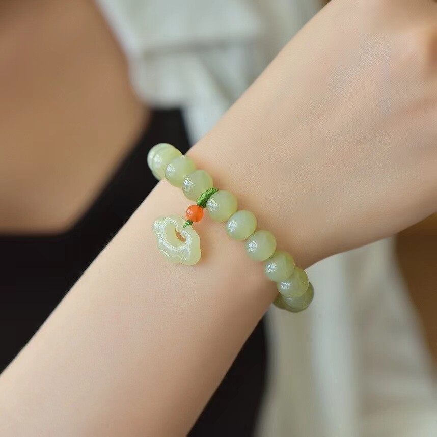 如意锁天然和田玉晴水色手串10mm玉珠单圈手链女款