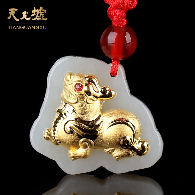 金镶玉吊坠和田白玉项坠足金镶嵌玉坠珠宝配饰(JY)HTJ294