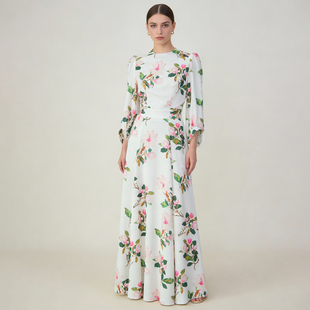 轻奢气质印花修身长裙白色缎面灯笼袖连衣裙优雅大气富家千金裙子