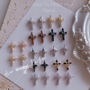 新款美甲锆石细克罗心十字架堆钻饰品网红超闪金镶满钻指甲铜镶锆