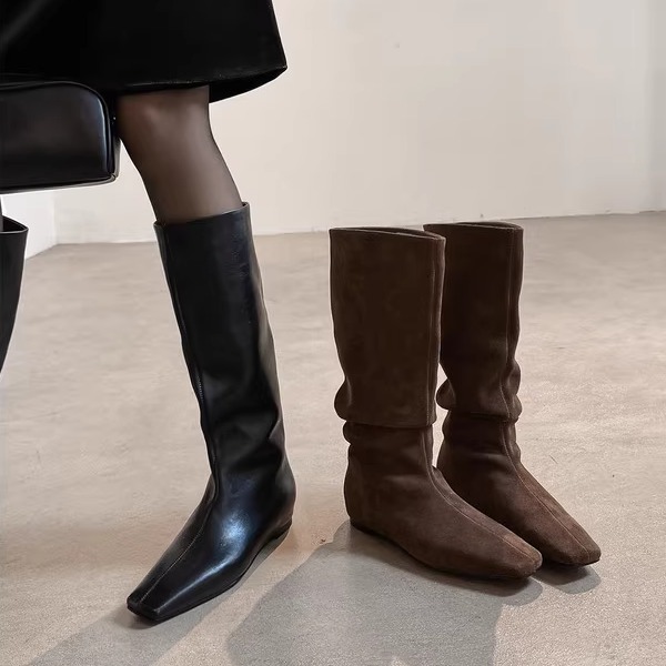 Am牛翻皮方头褶皱高筒靴子