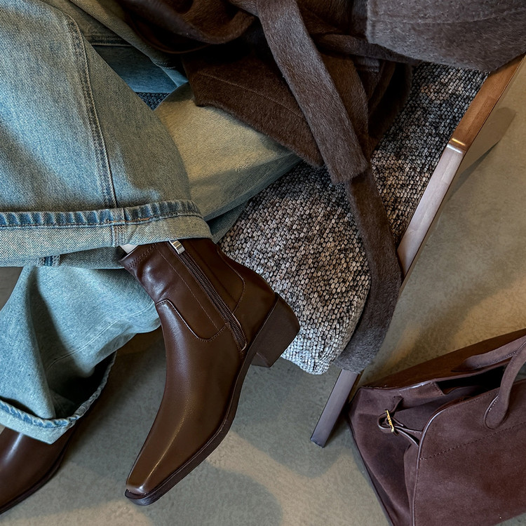 Améing头层牛皮方头粗高跟短靴