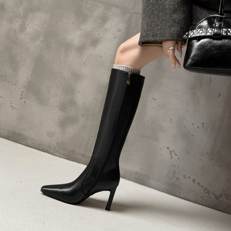 Am方头高筒靴女秋冬真皮靴