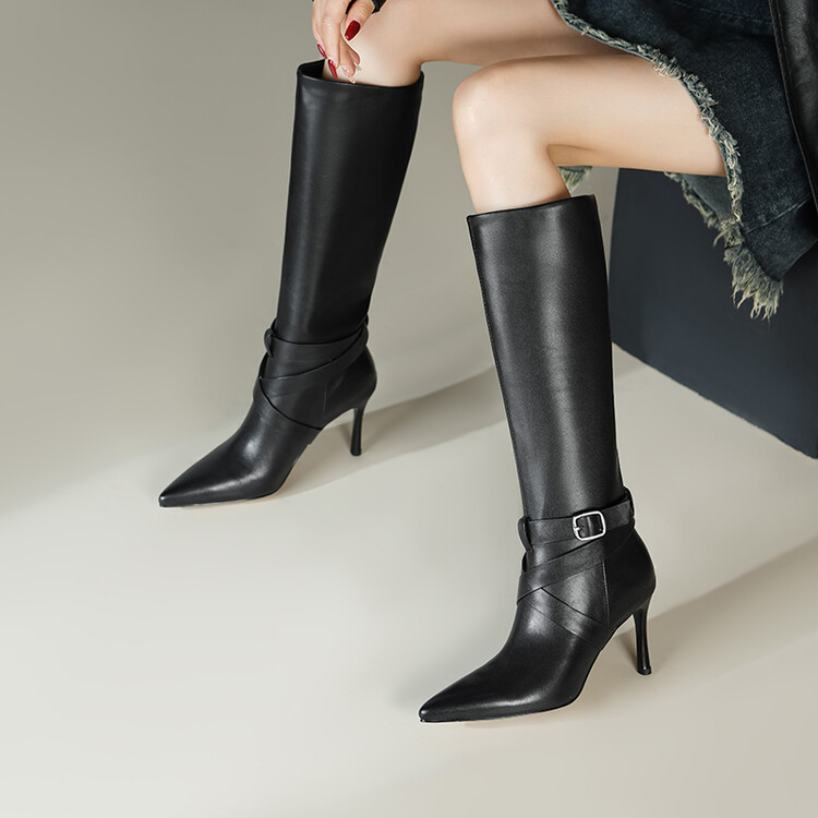 Am尖头细跟女皮带扣骑士靴