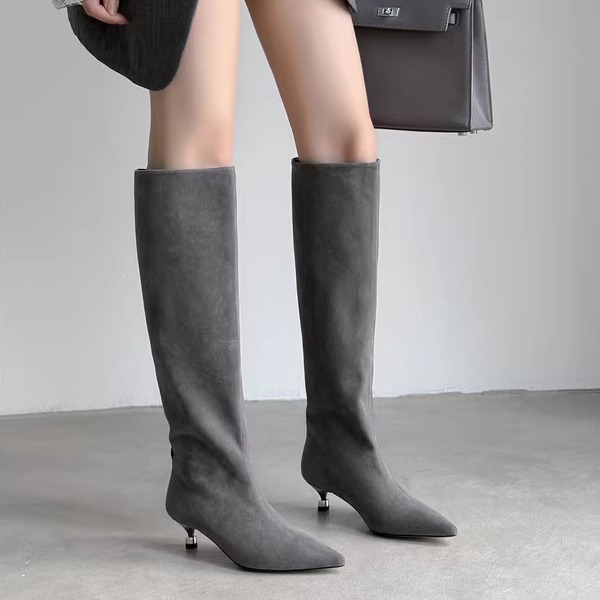 磨砂尖头女绒面高跟堆堆靴