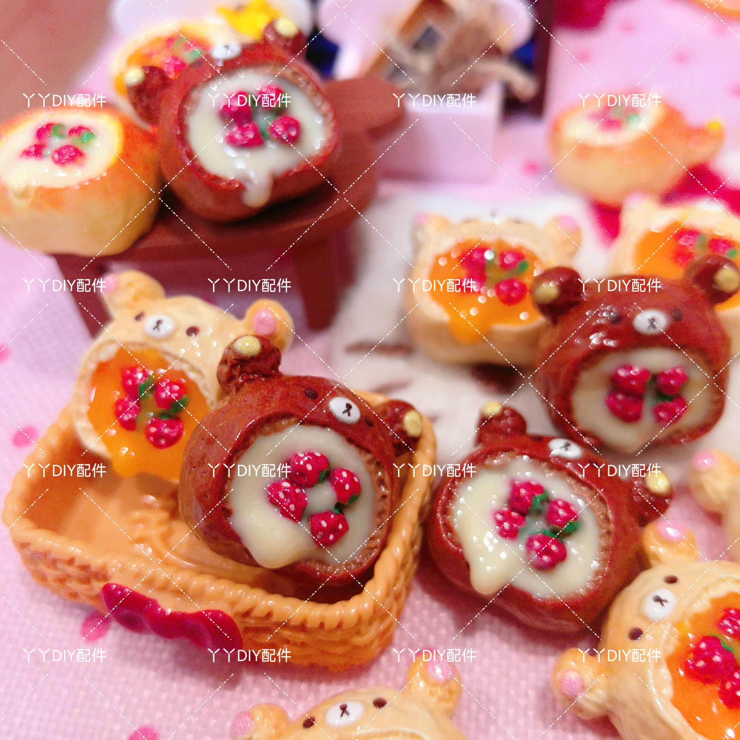 定制食玩轻松熊草莓淋酱蛋糕DIY树脂配件过家家娃娃屋摆件场景