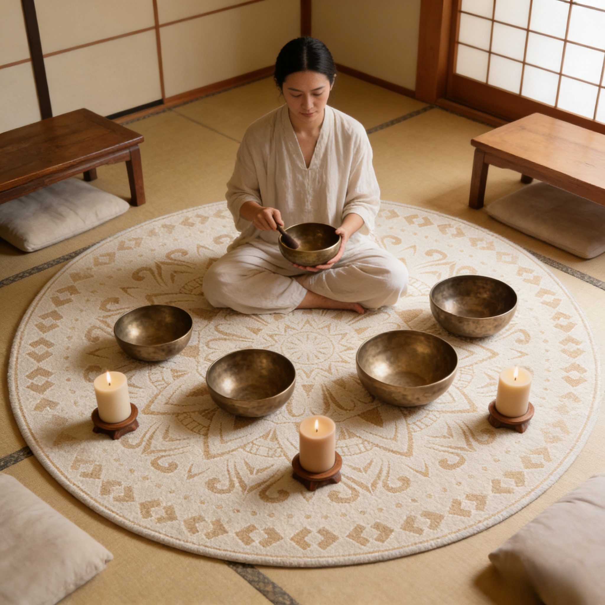 禅修颂钵冥想打坐疗愈圆形地毯瑜伽民宿店铺客厅沙发卧室家用音疗