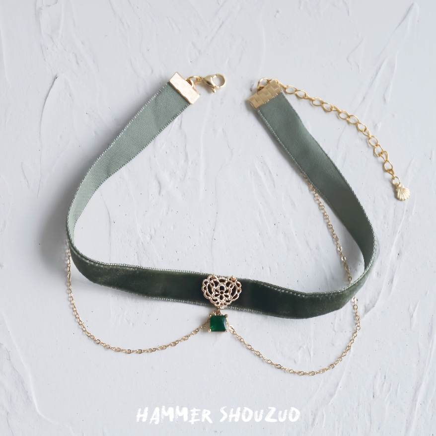 复古绿丝绒气质优雅森系精致vintage项圈choker秋冬原创韩系项链