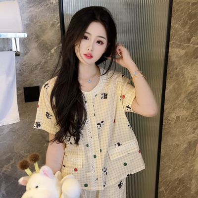 夏季新款清新格子纯棉双层纱短袖睡衣女可爱熊猫家居服套装可外穿