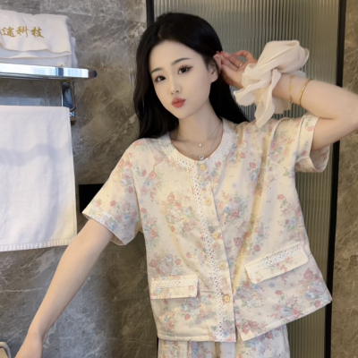夏季新款韩版纯棉双层纱短袖睡衣女甜美碎花蕾丝家居服套装可外穿