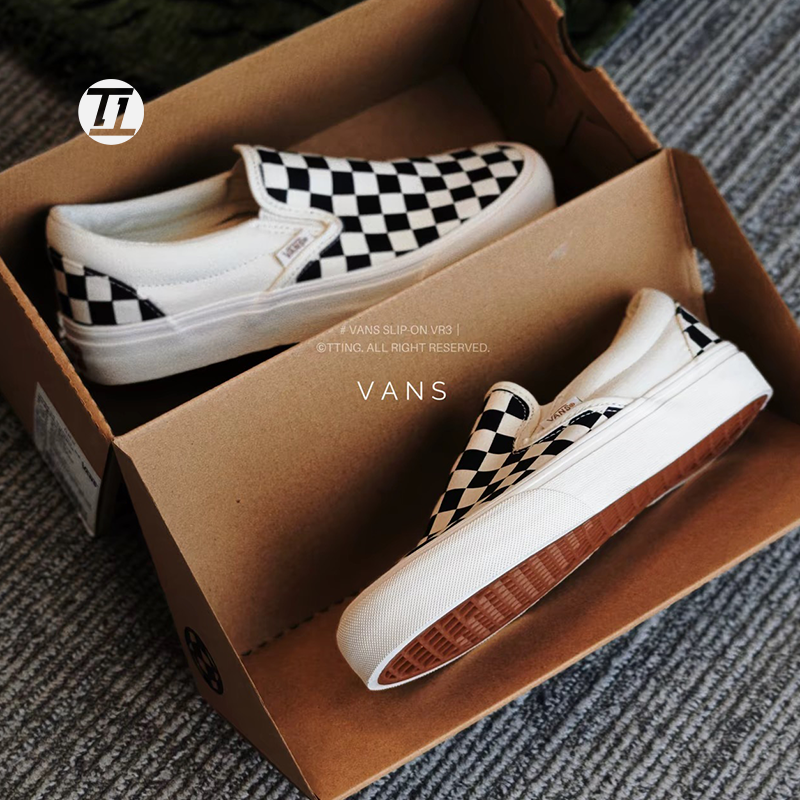 vans棋盘格一脚蹬黑白帆布鞋