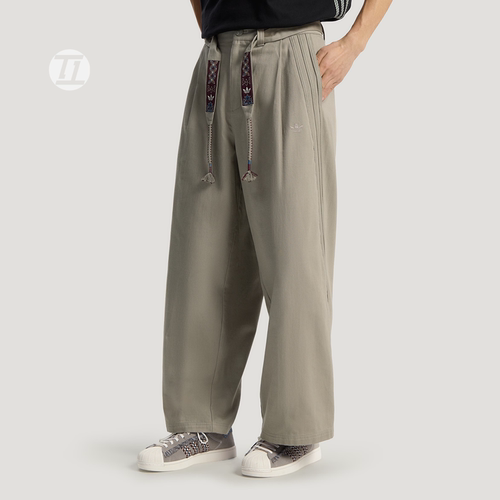 阿迪达斯三叶草2026夏款男裤民族风抽绳亚麻感阔腿直筒长裤KW5668