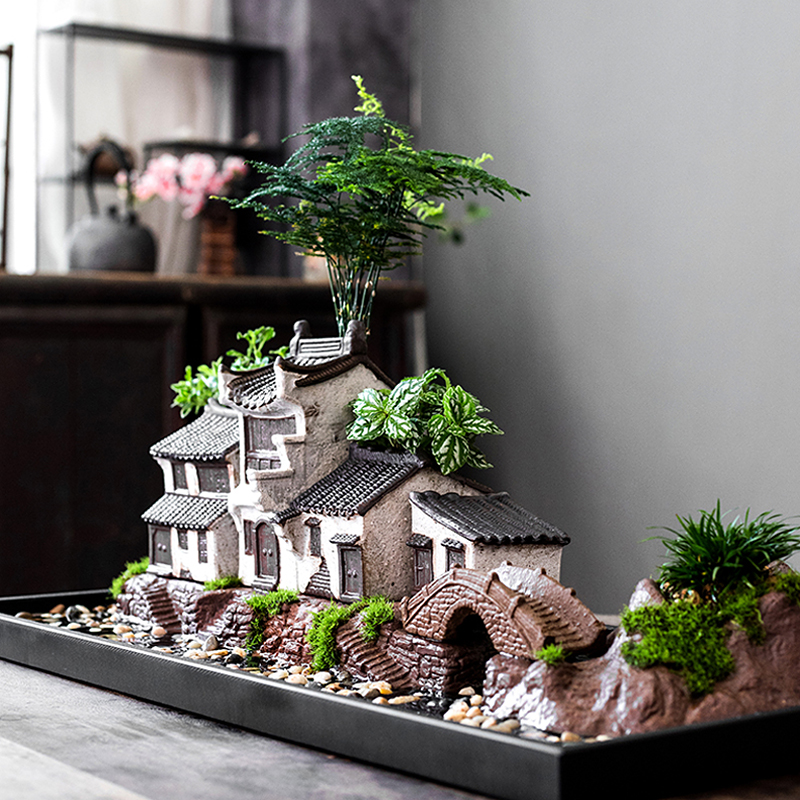 创意新中式禅意花盆房子装饰家居