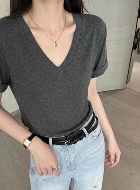 极简灰色v领正肩短袖T恤女夏季薄款气质宽松百搭休闲基础纯色上衣