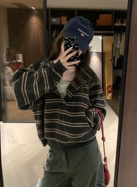 美式复古条纹连帽卫衣外套女秋冬高级感慵懒加厚毛衣拉链针织开衫