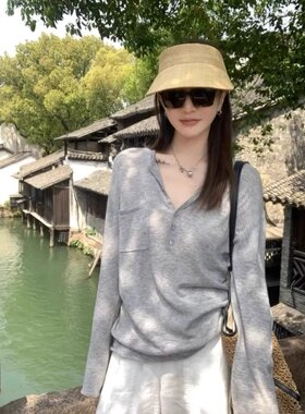 纸片人灰色薄款微透半开领防晒罩衫T恤女夏季慵懒松弛感外搭上衣