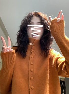 多巴胺橘色高领针织开衫女秋冬季高级感宽松软糯毛衣外套内搭上衣