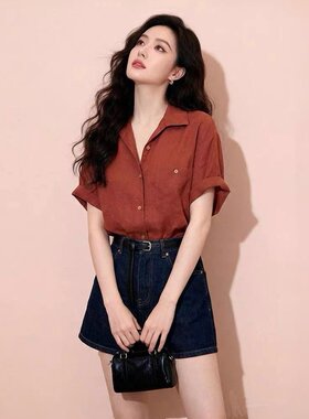 港风复古红色翻领短袖衬衫女夏季宽松休闲衬衣通勤气质polo领上衣